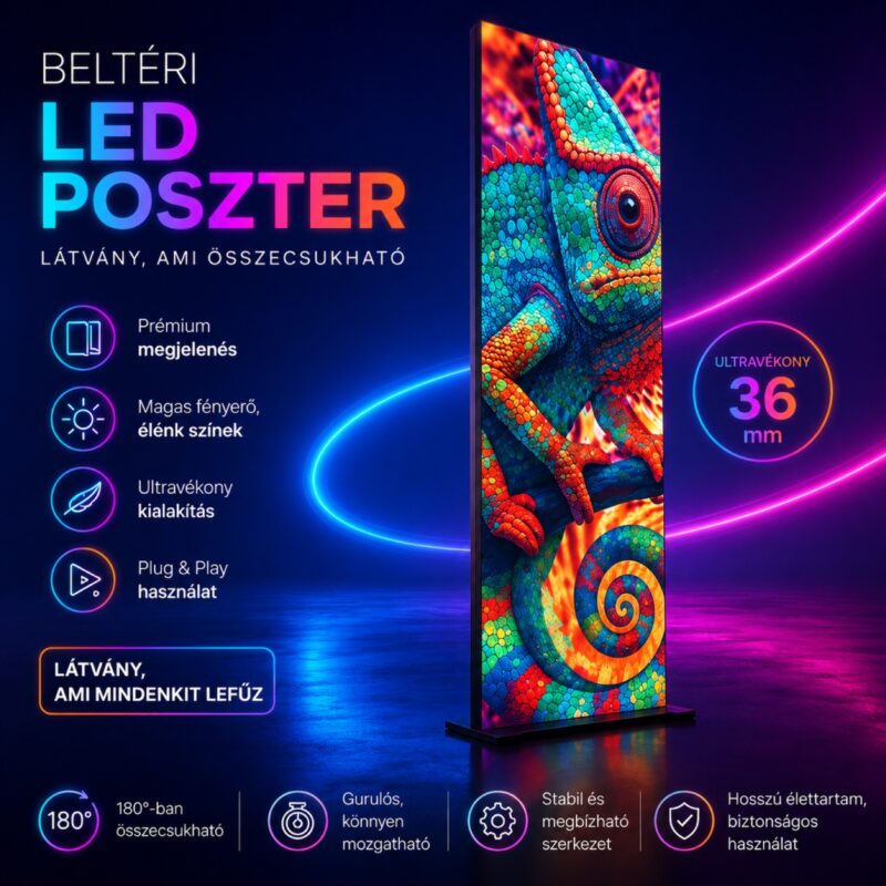 LEDTRIO félbehajtható beltéri LED poszter 64 × 192 cm rack ládával