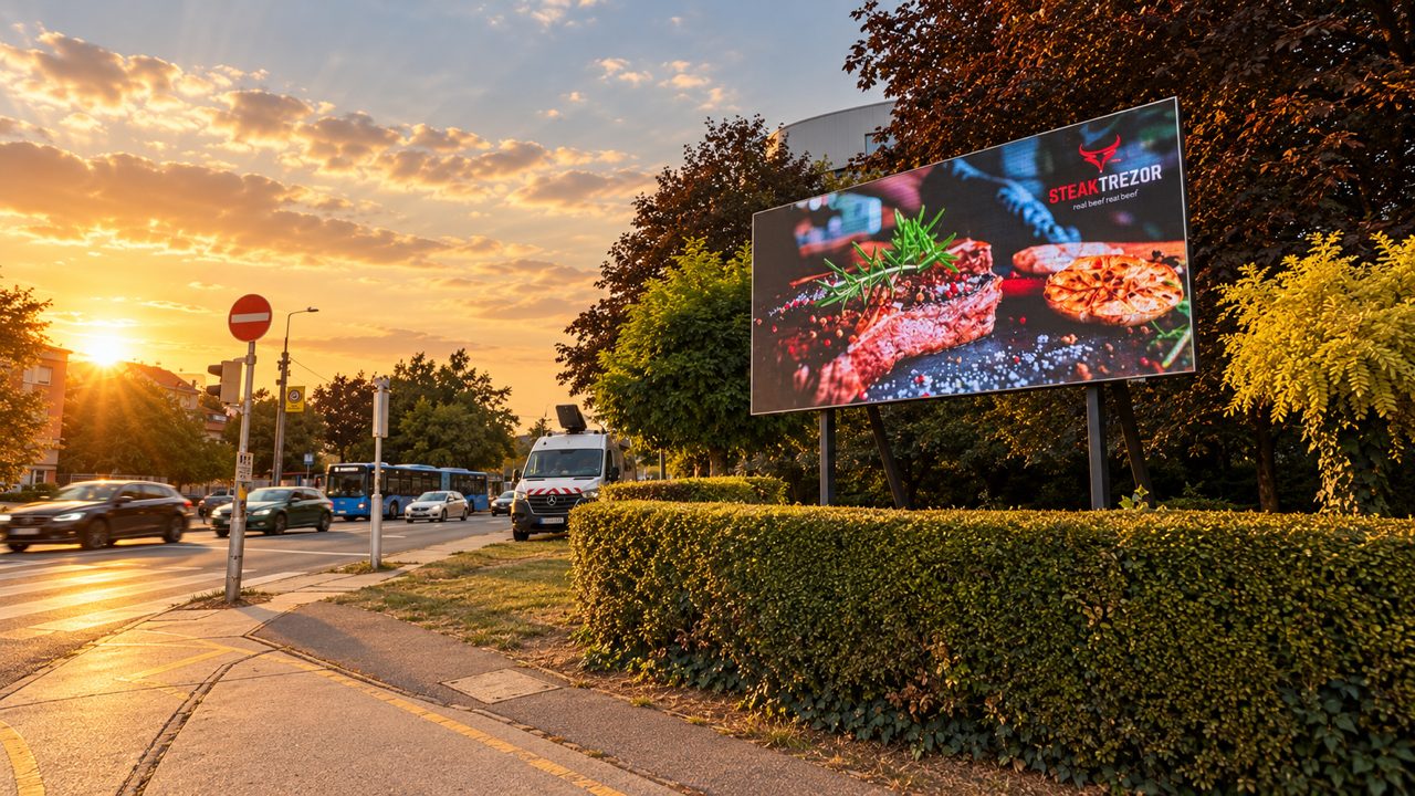 Kültéri LED reklámtábla forgalmas útszakaszon, alkonyatkor